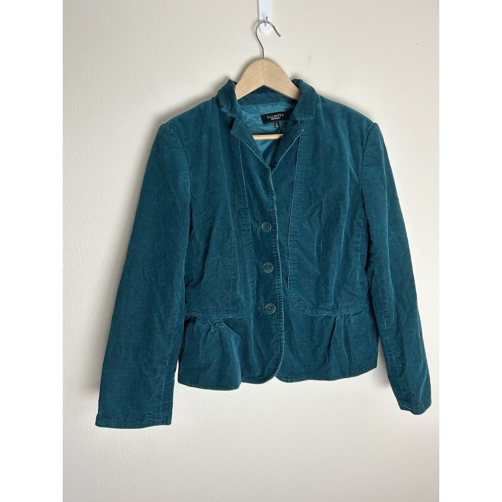 Talbots Corduroy Jacket Teal Blue Peplum Cotton Womens 12 Blazer Cord Babydoll